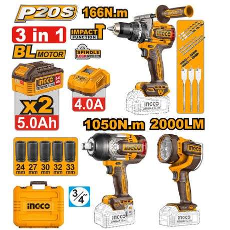 Ingco - Cordless Impact Drill, Impact Wrench and Work Lamp Combo Kit - Ingco - Cordless Impact Dr...