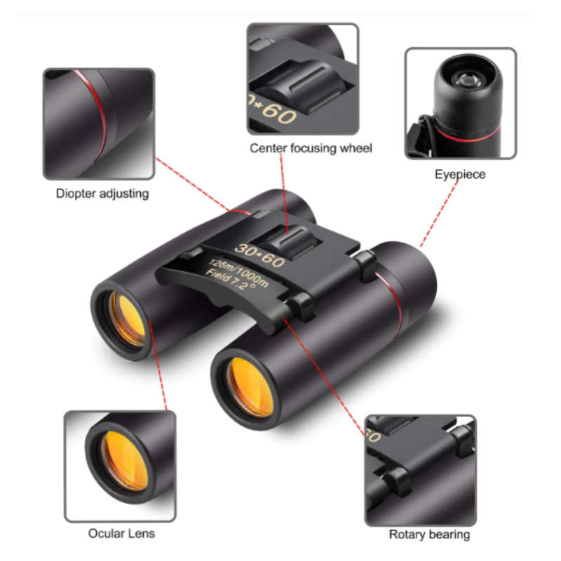 Compact 30x60 Binoculars, 10× Magnification, 126m/1000m Field View, 155g, Black