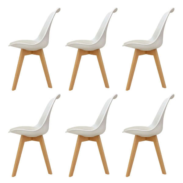 Padded Seat Wooden Leg Dining Chairs - Pack of Six - White Colour