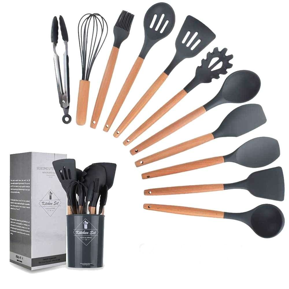 Kitchen Utensils - Set of 12 Non-Stick Silicone Utensils - Includes Holder - Black (Refurbished)
