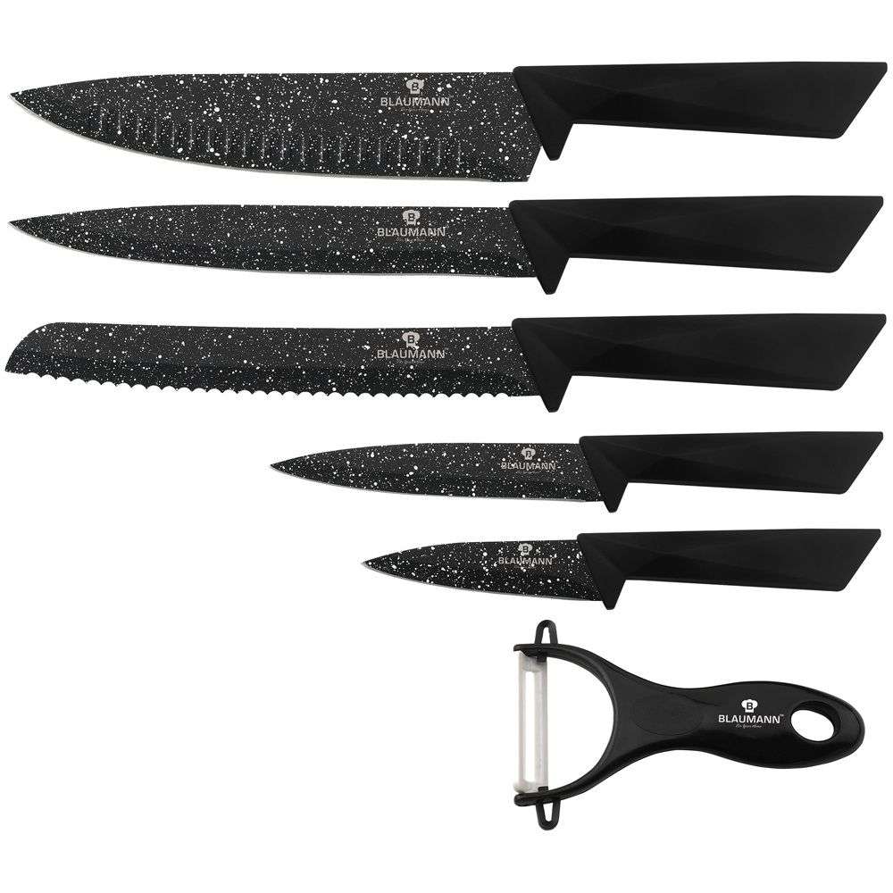 Blaumann 6 Piece Marble Coating Knife Set with Peeler Black
