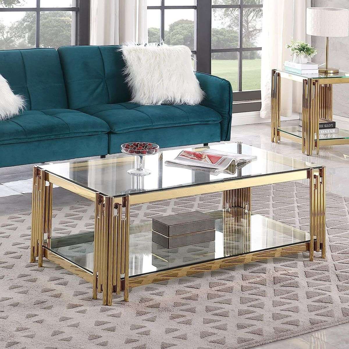 Rectangular Tempered Glass Top Coffee Table with Steel Frame-Gold or Silver