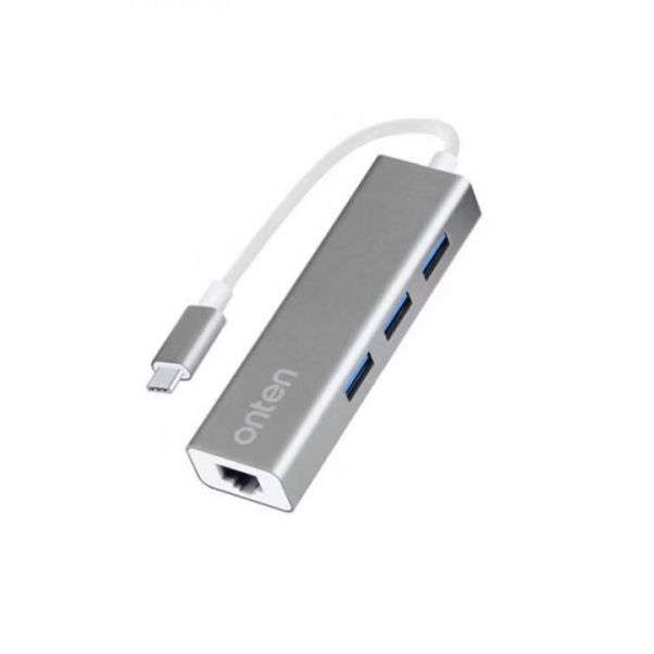 Onten OTN-9593 USB-C to 3 Port USB3.0 Hub with Gigabit Ethernet Adapter - Open Box