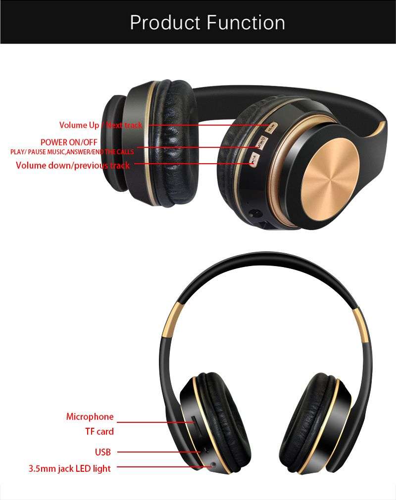 T5 Bluetooth Headphone 5.0 3D Stereo Wireless Headphones with Mic Foldable