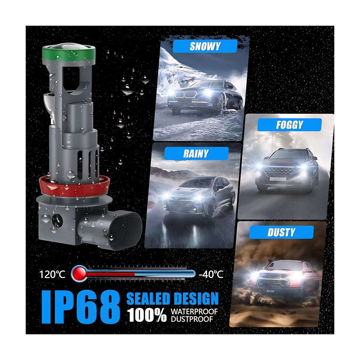 12V 50w H11 LED Headlight Bulbs 10,000LM with Mini Projector Lens - Pair