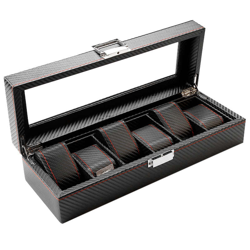 Jack Brown Luxury 6-Slot Carbon Fiber Watch Display Box - Black and Red(DISPLAY MODEL)