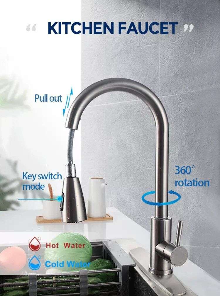 304 Kitchen Pull-out Faucet Retractable Rotating Faucet