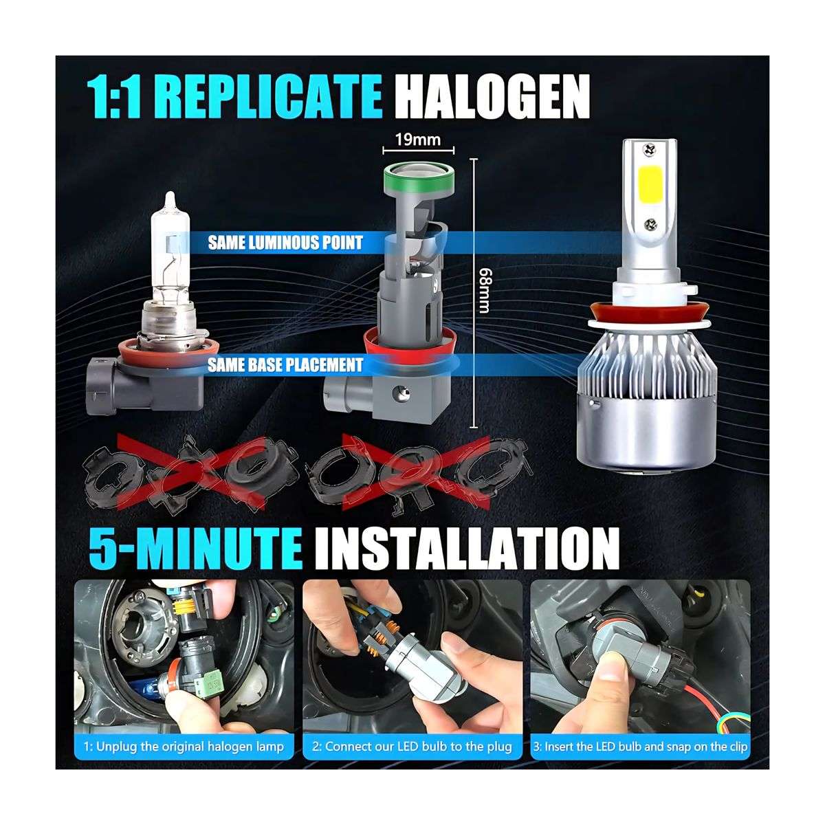 12V 50w H11 LED Headlight Bulbs 10,000LM with Mini Projector Lens - Pair