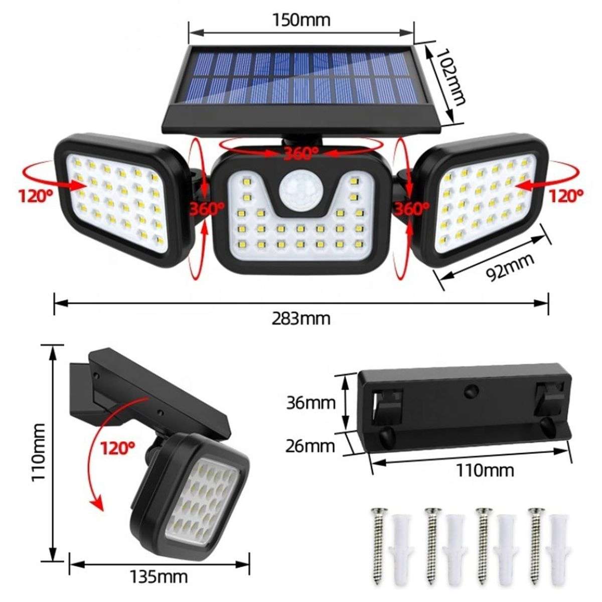 Tripple Head Solar Power Outdoor Waterproof LED Motion Sensor Wall Light