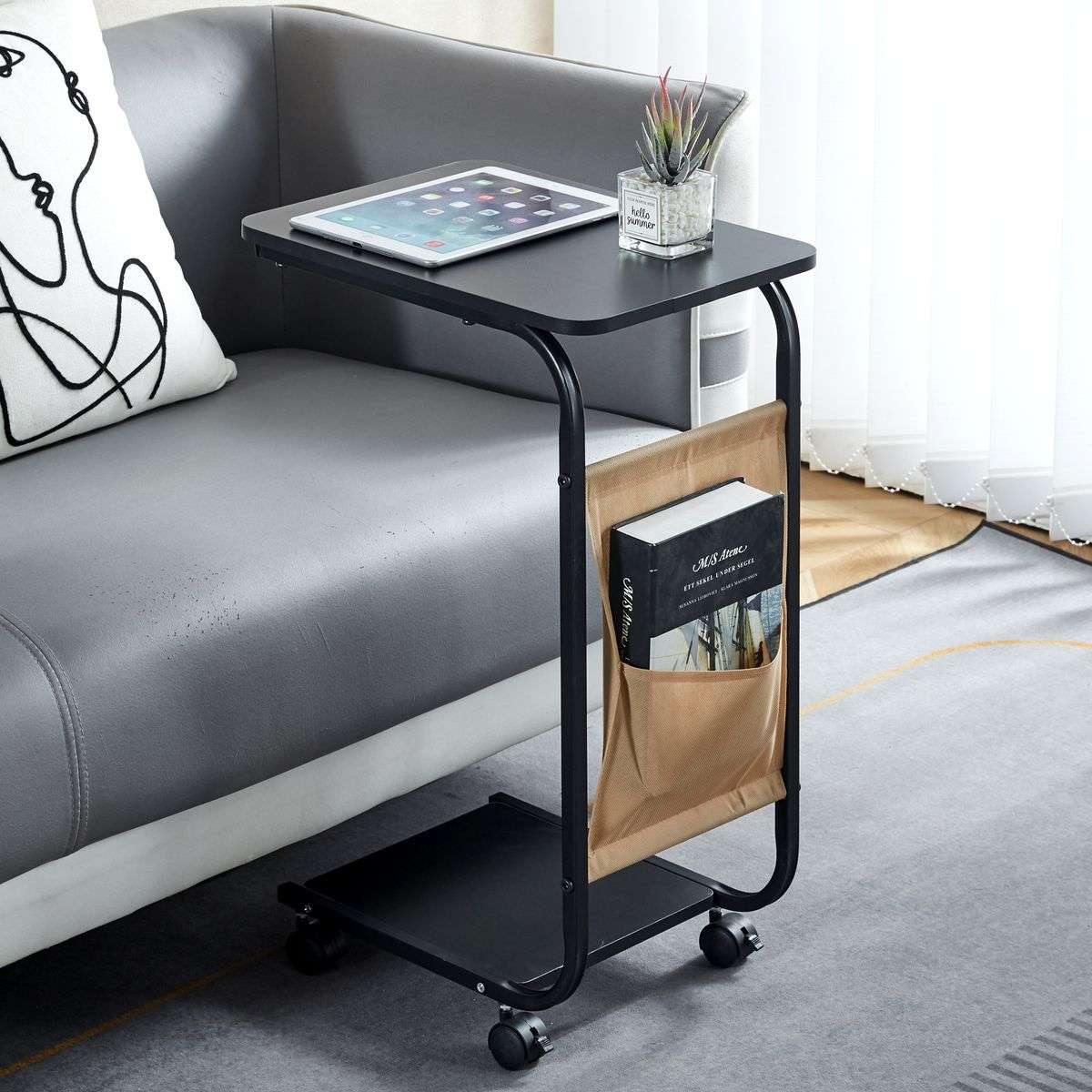 Bed Side Table with Storage Bag and Wheels - Black