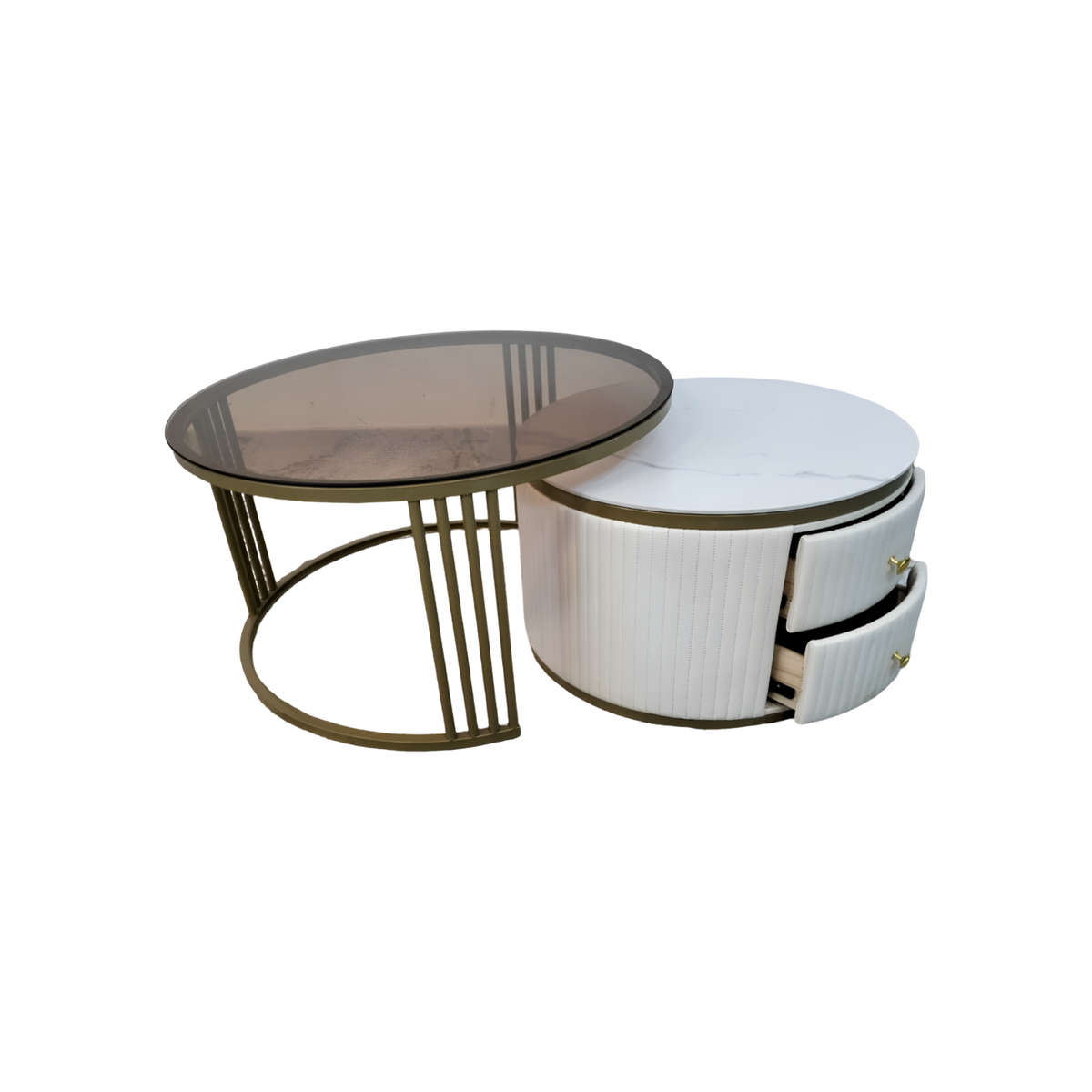 Modern Nesting Round Glass Top Coffee Table with Marble Top 2 Drawer Table