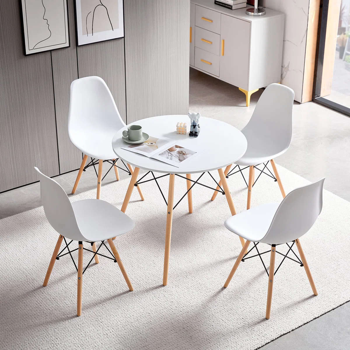 Modern Round Dining Table Set - 5 Piece - White