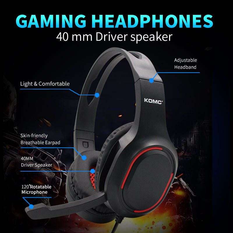 KOMC KM999 USB Gaming Headphones Headset for PC - Red (Open Box)