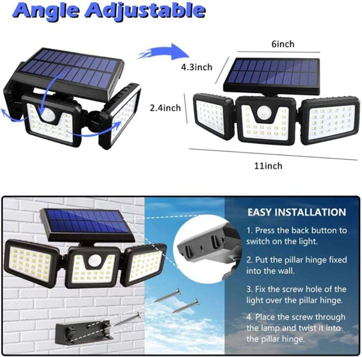 Tripple Head Solar Power Outdoor Waterproof LED Motion Sensor Wall Light