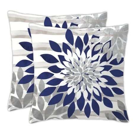 Stylish Navy and Grey Flower Cushion Covers Set 2