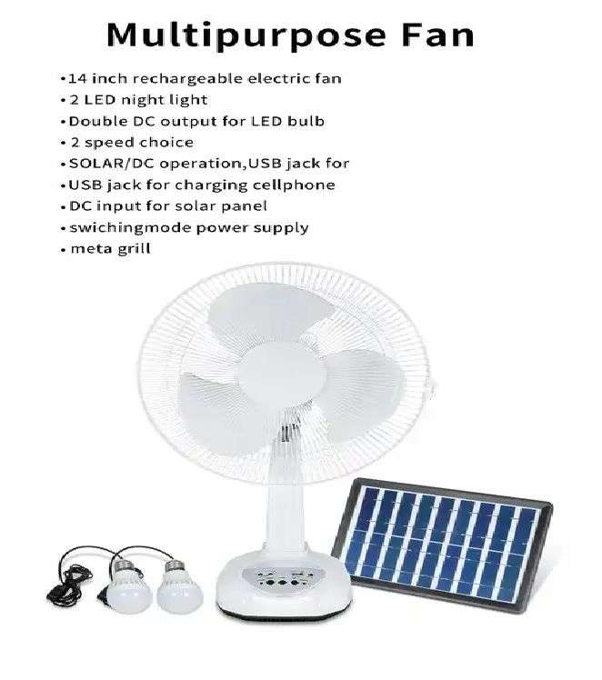 14 inch Rechargeable Solar Electric and Solar Fan Portable With Solar Panel