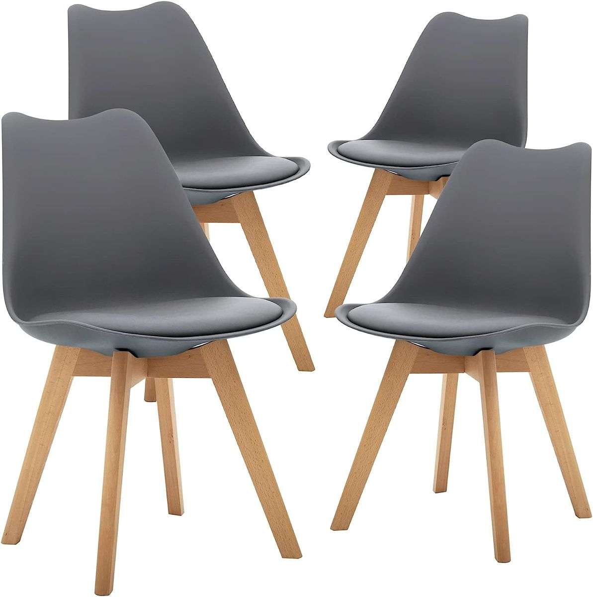 Dining Chairs Set - 4 Pack - Soft Padded Shell Chair with Wood Legs - Grey