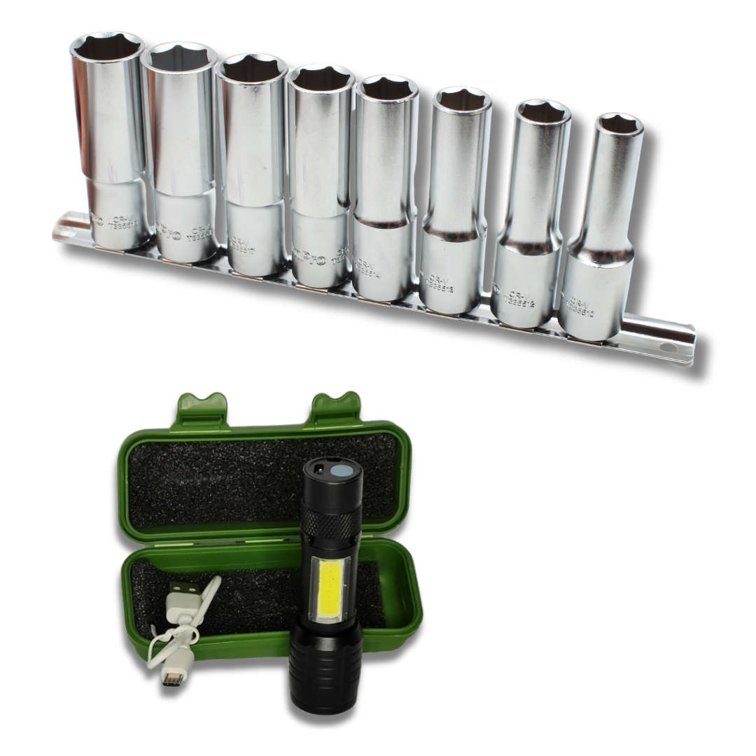 Ampro 8 Piece 12 Drive 6 Point Deep Socket Set (10-19Mm) With Torch Combo