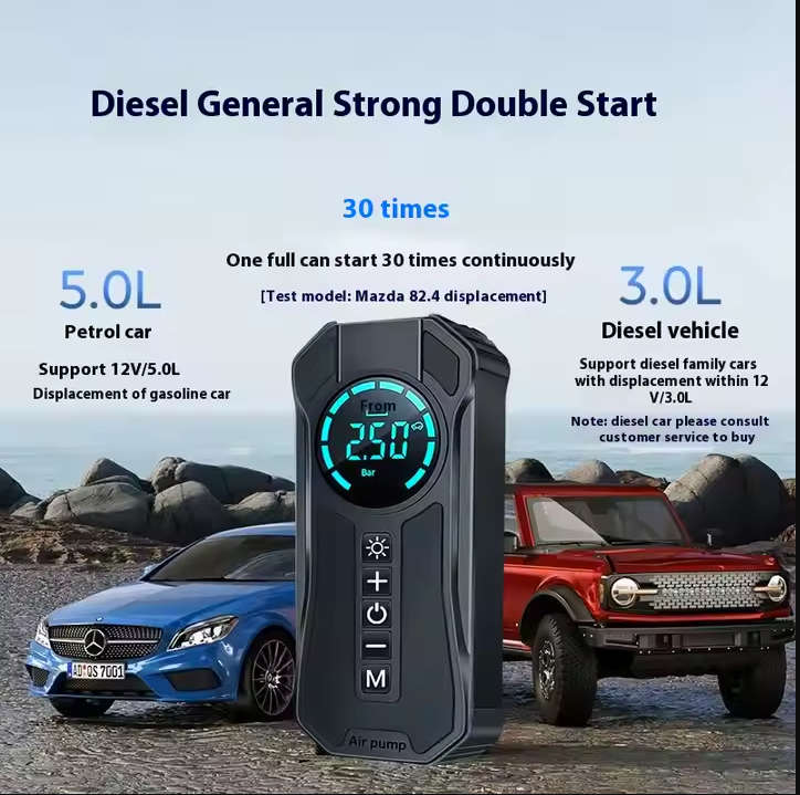Portable 2-in-1 Car Tyre Inflator & Jump Starter - Digital Air Compressor