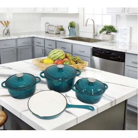 7 Piece Cast Iron Dutch Oven Cookware Pot Set - Teal