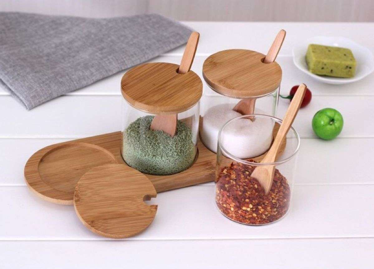 Glass Spice Jars Set With Bamboo Lid and Spoons - 3 Piece