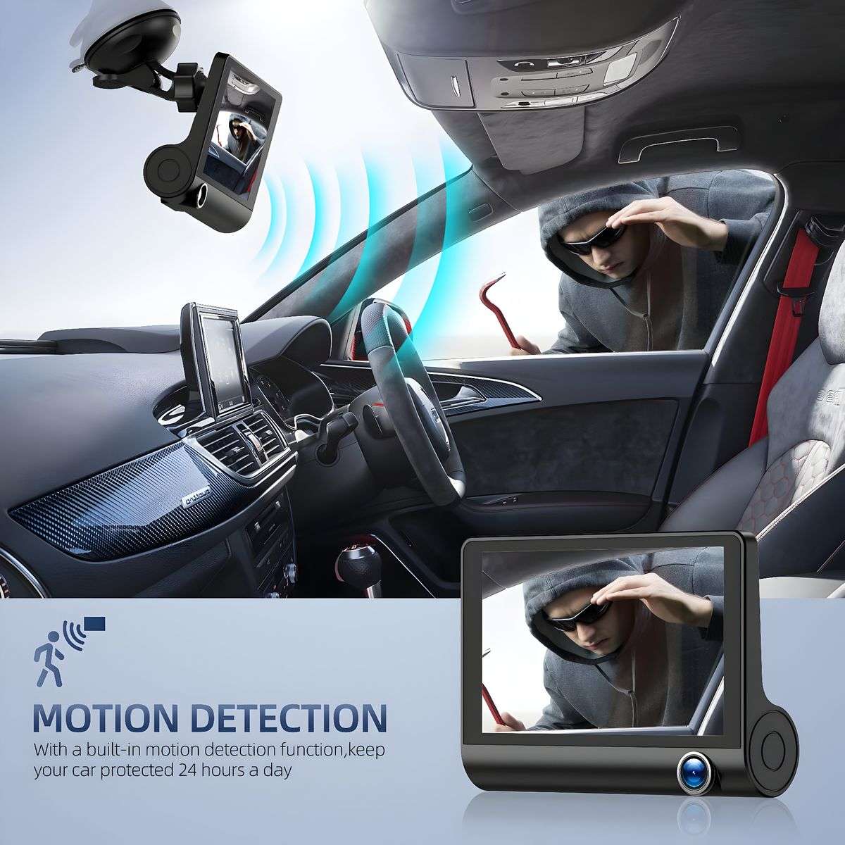 1080P Triple Lens Large Display Dash Cam with Rearview Cam