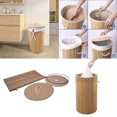 55 Litre Foldable Round Bamboo Laundry Basket & Removable Inner Bag