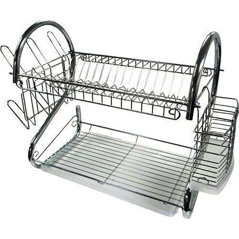 2 Layer Steel Tableware & Dish Rack with Cups and Cutlery Holders