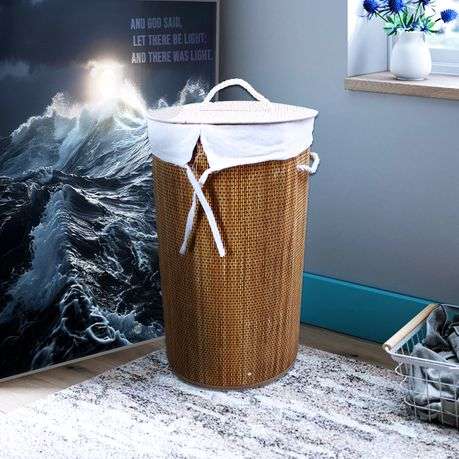 55 Litre Foldable Round Bamboo Laundry Basket & Removable Inner Bag
