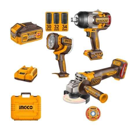 Ingco - Cordless Wrench, Angle Grinder, Work Light, Batteries & Charger Kit - Ingco - Cordless Wr...
