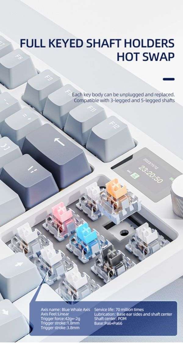Mechanical Gaming Keyboard USB 2.4G BT5.0 Screen Hot-Swappable Blue Switch