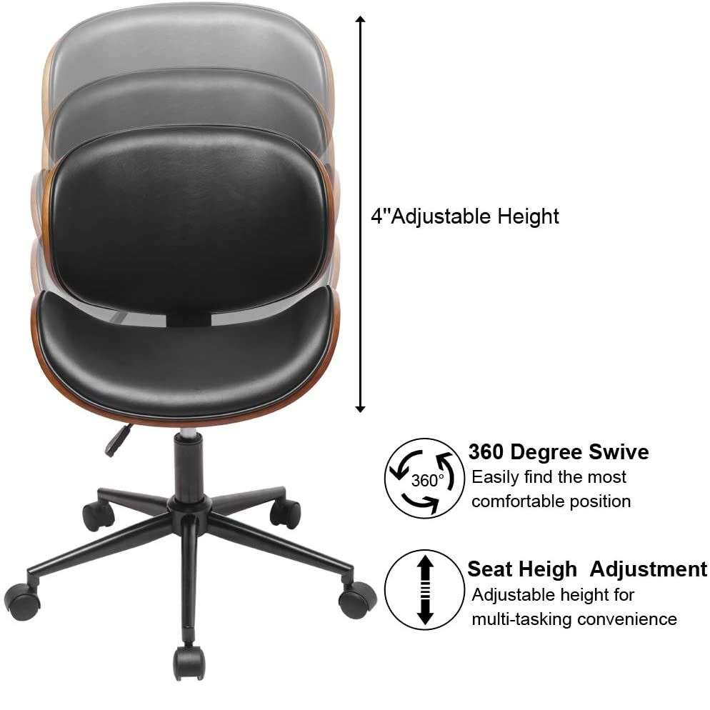 Ergonomic U-type Backrest Wood 360° Swivel Office Chair With Gas lift - Black Colour