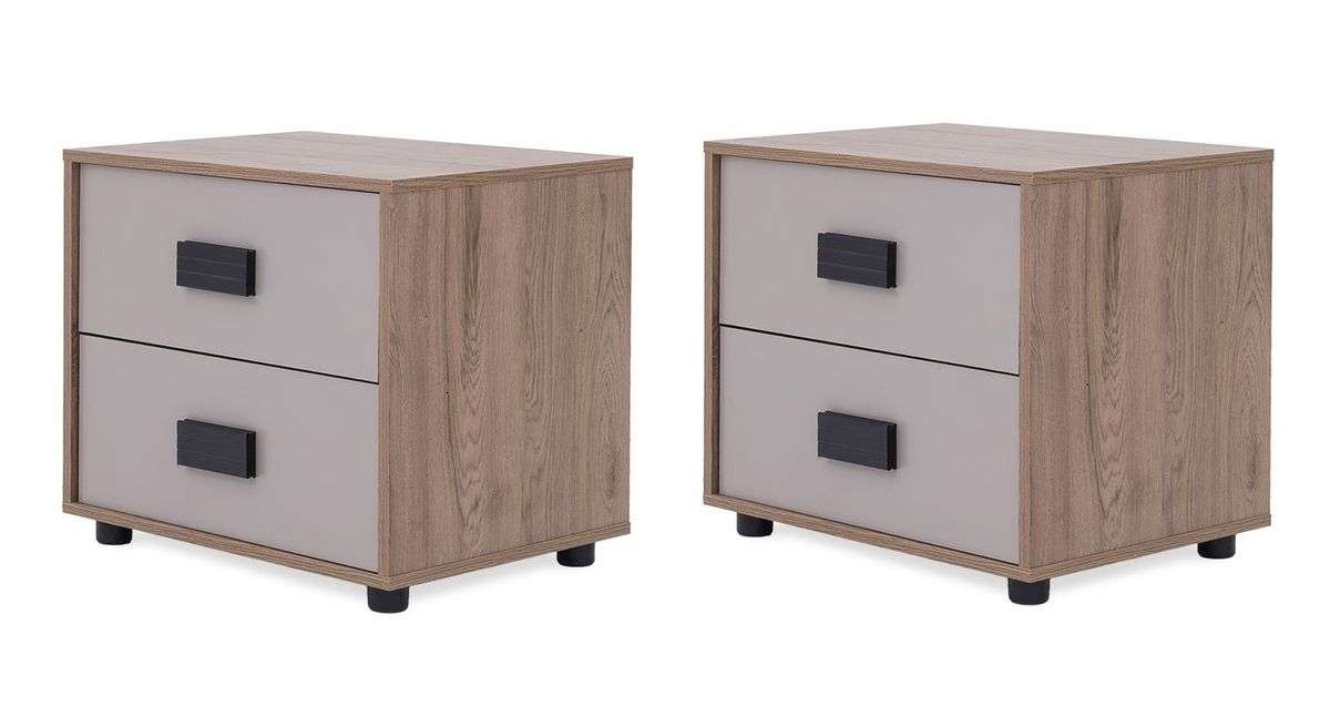 2 Drawer Bedside Pedestal Set - Modern Wood & Beige (2 Pack)