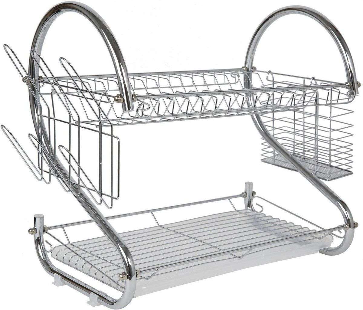 2 Layer Steel Tableware & Dish Rack with Cups and Cutlery Holders