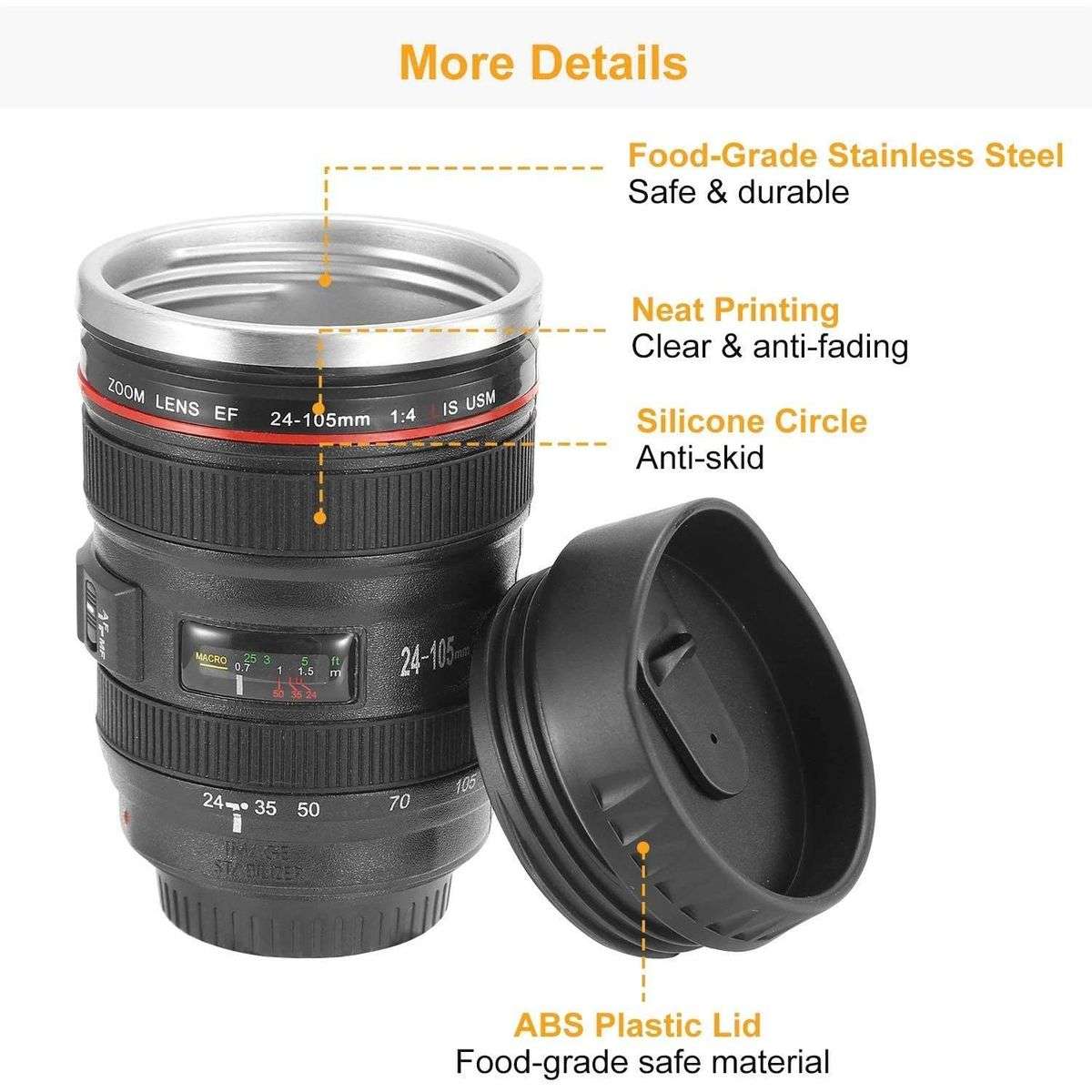 Camera Lens Cup Style EF 24-105 Coffee Tea Travel Mug Stainless Steel Lens Shaped Coffee Cup