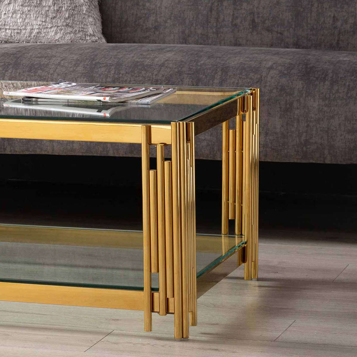 Rectangular Tempered Glass Top Coffee Table with Steel Frame-Gold or Silver