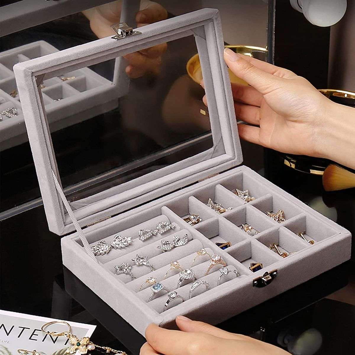 Compact Velvet Fabric Jewelry Storage Organizer Display Box-9 Grids-Grey