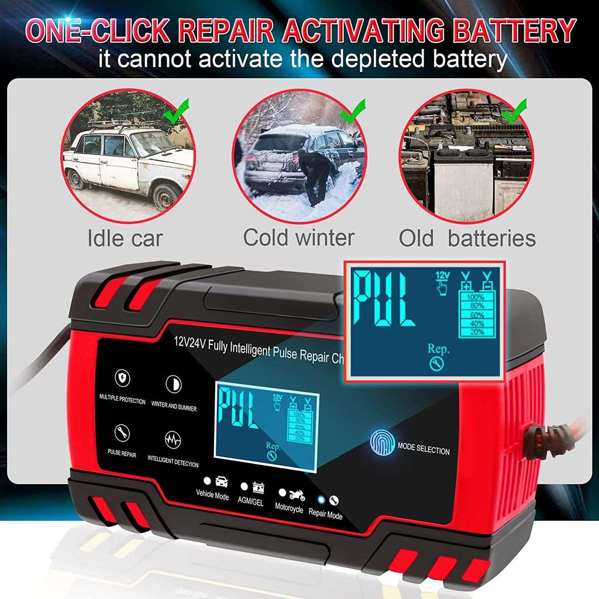 12V/24V 8A Intelligent Automatic Fast Battery Charger With 3-Stage Charging