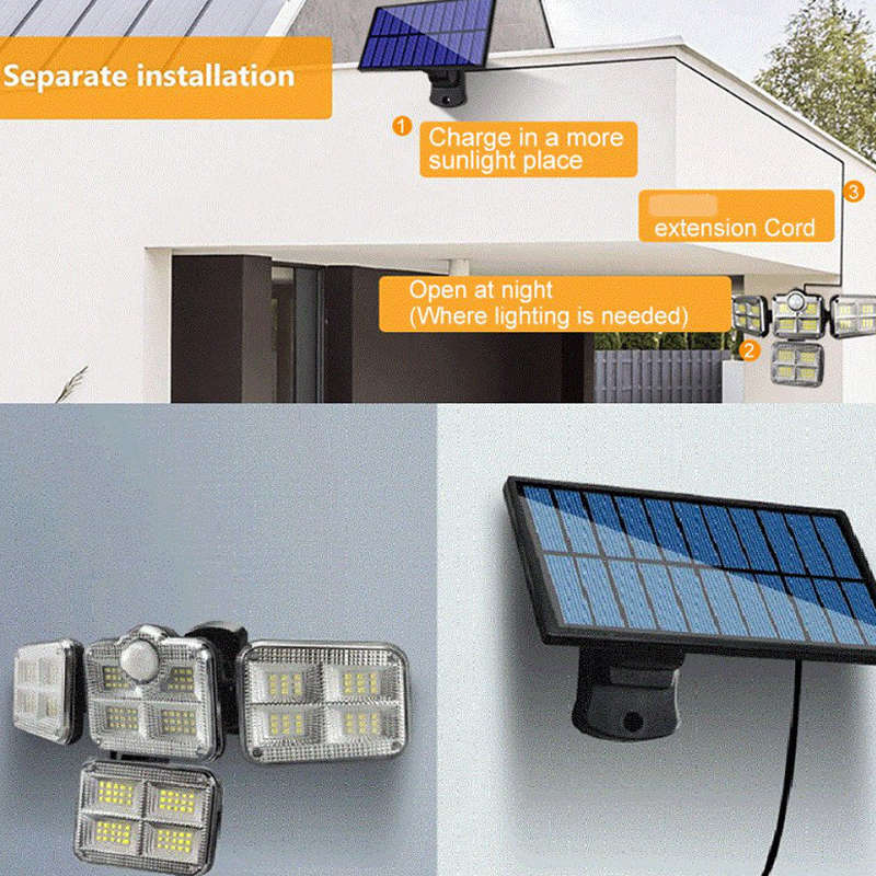 198 LED 4 Head Solar Sensor Light Rotatable with Split Solar Panel Remote in-built Lithium Battery