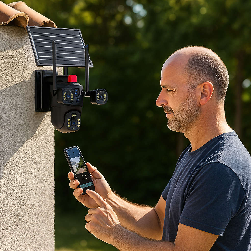 4-Lens Solar Security Camera  6MP Ultra HD, 4G LTE, Weatherproof, Panoramic View, No WiFi or Power