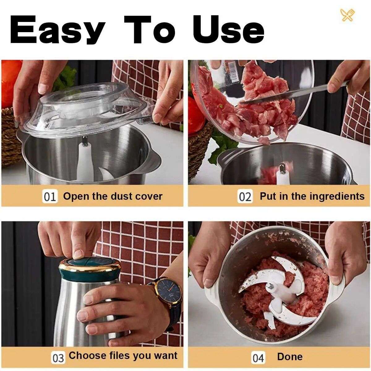 2L Electric Stainless Steel Food Processor