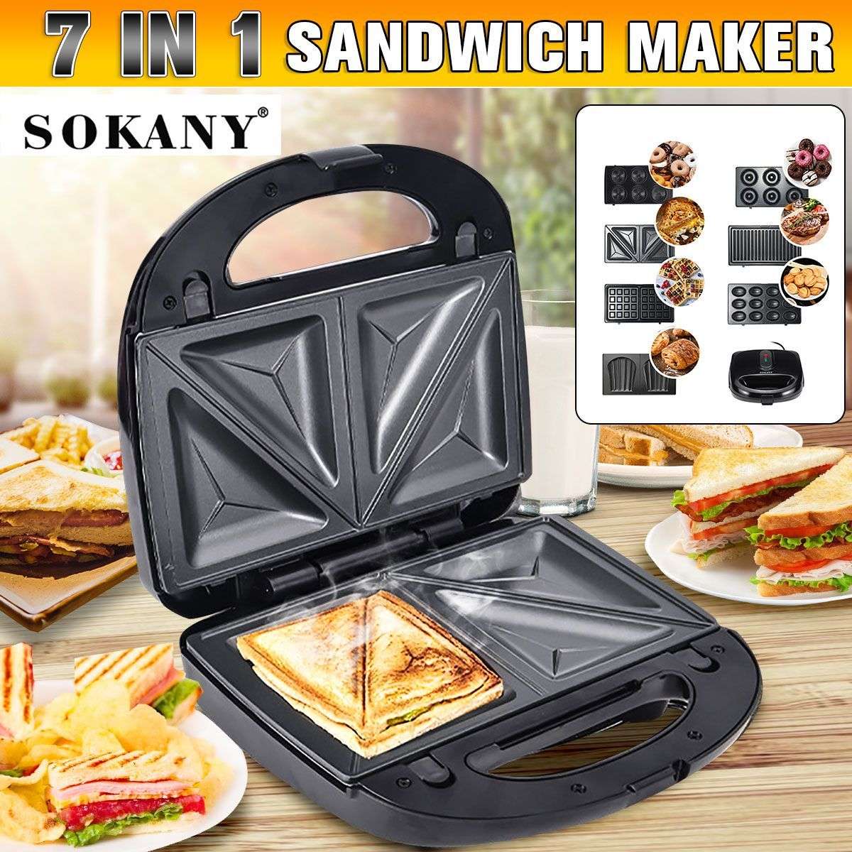 7-in-1 Multifunctional Electric Sandwich, Waffle, Muffin, Donut Maker