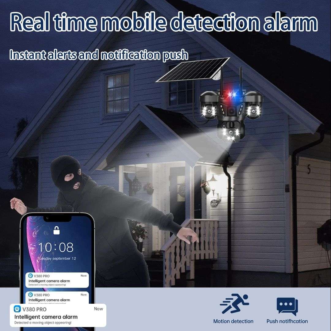 Solar Security Wi-Fi Camera, 3 lenses, 12MP, night vision, waterproof.