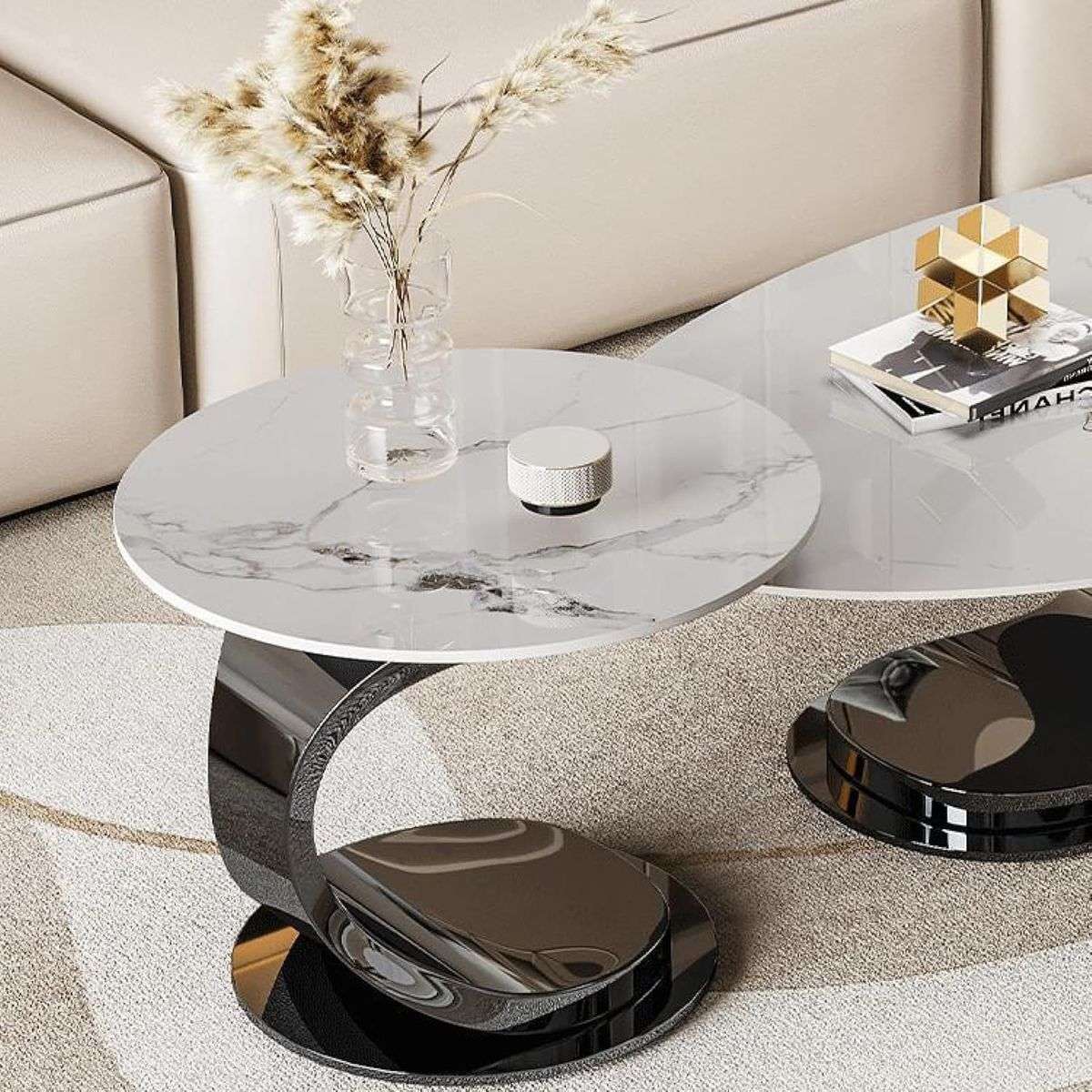 Modern Light Luxury Black Stainless Steel Marble Side Table