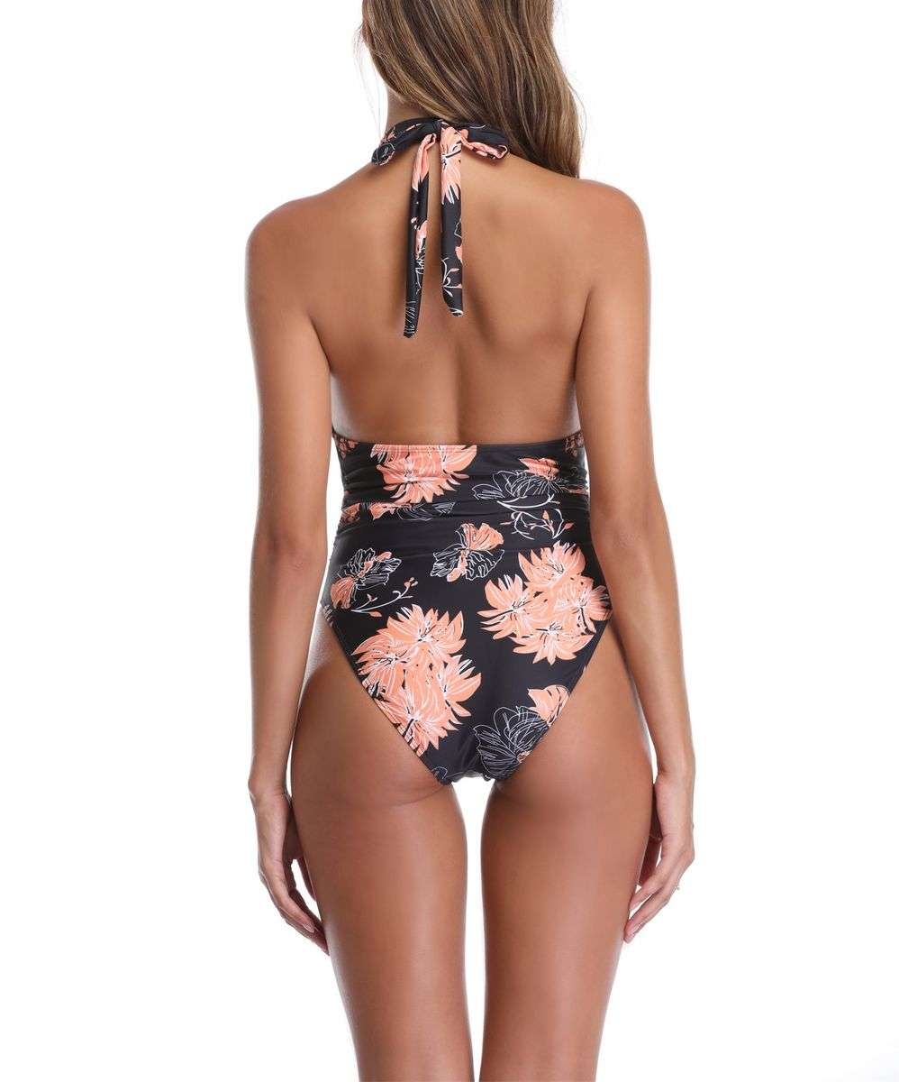 Olive Tree - Ladies One Piece Tummy Control 2-Way Swimsuit -BlackFlower - 2XL