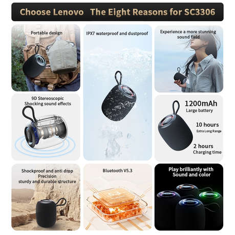 LENOVO - SC3306 - IPX7 Waterproof Speaker With Bass Boost Technology -Black