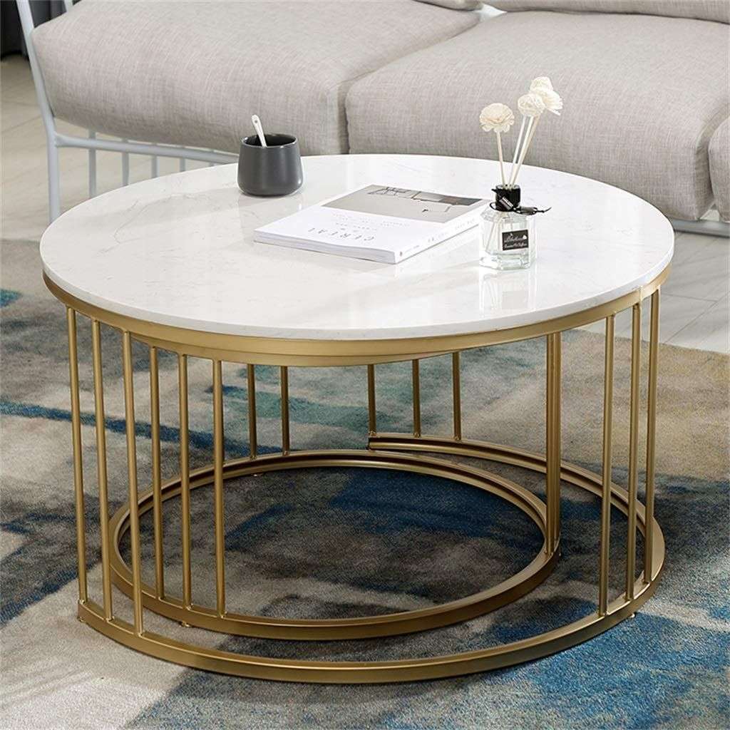Coffee Table Set of 2  Rounded Marble Top  White / Gold Colours