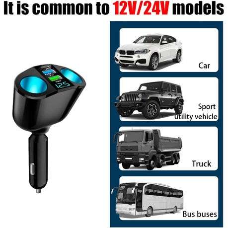 Car Cigarette Lighter Dispenser, 2 Outlet Adapter with LED Voltmeter for Car & Vehicle Use