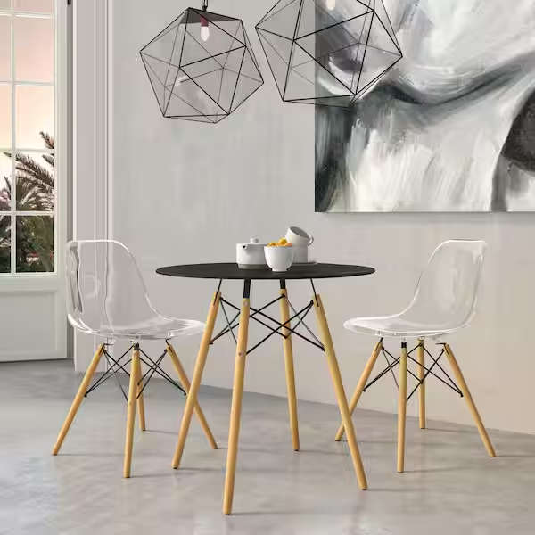 3 Piece Dinning Table - 1 Dining Table and 2 Transparent Dining Chairs - Black