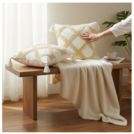 Decorative Set of 2 Boho Tufted Throw Pillow Covers with Tassels